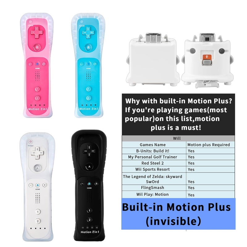 DTianSir 4Pack Motion Plus Wii Remote Controllers with Silicone Case & Wrist Strap,Wii Remote Controllers with Built in Motion Plus Compatible for Wii U Consoles (Pink+Light Blue+White+Black) - Image 3